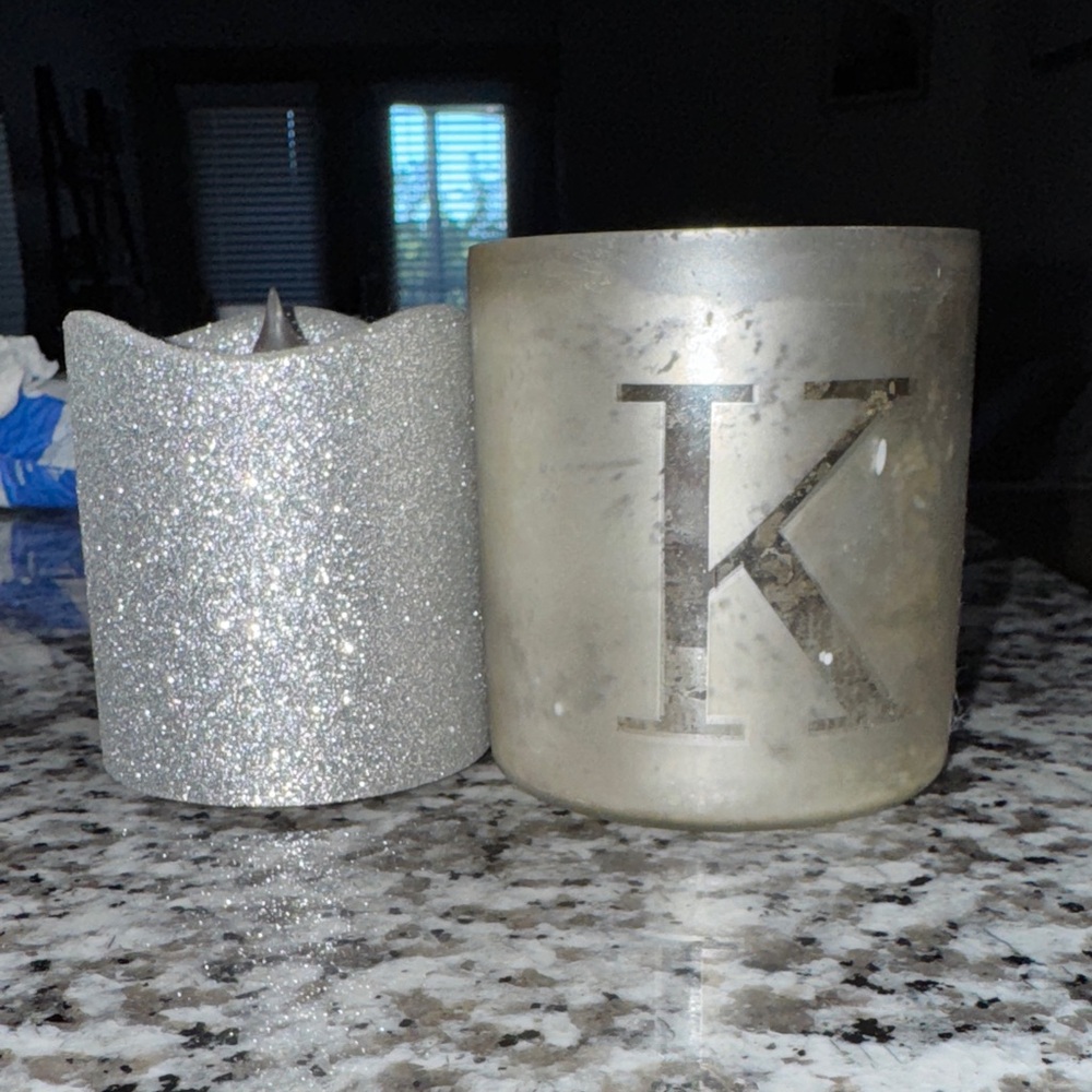 Silver Glitter Candle and Monogrammed Holder